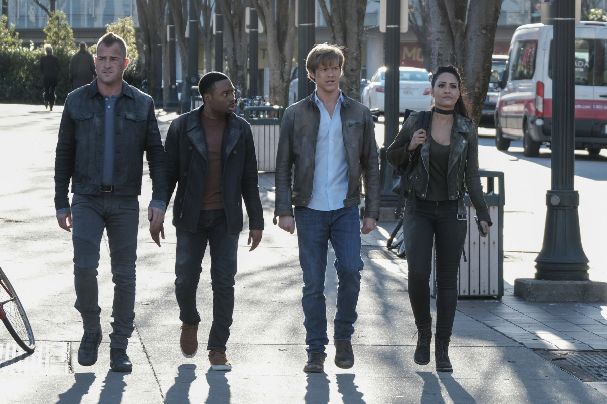 "Ruler" --Bozer's first overseas mission goes terribly wrong when Mac and the team are blamed for a terrorist bombing and the Phoenix Foundation is forced to disavow them. Using a ruler and coconut oil to make disguises, the team must avoid authorities and clear their names without any support from back home, on MACGYVER, Friday, Feb. 24 (8:00-9:00 PM, ET/PT) on the CBS Television Network. Pictured: George Eads. Justin Hires, Lucas Till, Tristin Mays, Photo: Guy D'Alema/CBS ÃÂ©2017 CBS Broadcasting, Inc. All Rights Reserved
