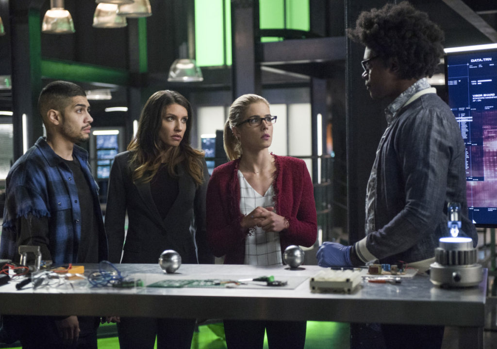 Arrow -- "Fighting Fire With Fire" -- Image AR515a_0323b.jpg -- Pictured (L-R): Rick Gonzalez as Rene Ramirez, Juliana Harkavy as Tina Boland, Emily Bett Rickards as Felicity Smoak, and Echo Kellum as Curtis Holt -- Photo: Diyah Pera/The CW -- ÃÂ© 2017 The CW Network, LLC. All Rights Reserved.