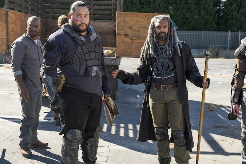 Khary Payton as Ezekiel, Lennie James as Morgan Jones, Cooper Andrews as Jerry - The Walking Dead _ Season 7, Episode 14 - Photo Credit: Gene Page/AMC