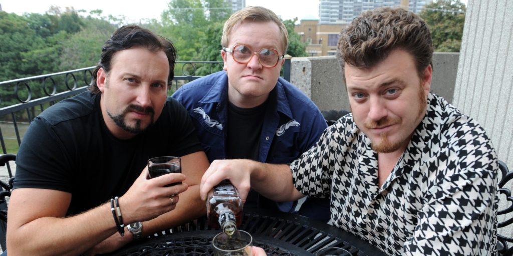 Sept2209RE9159076 Trailer Park Boys in Toronto promoting new movie Count Down To Liquor Day.Trailer Park Boys pouring a tall one. (L-R) Julian (J.P. Tremblay) Bubbles (Mike Smith) and Ricky (Robb Wells).Rick Eglinton Toronto Star. (Photo by Rick Eglinton/Toronto Star via Getty Images)